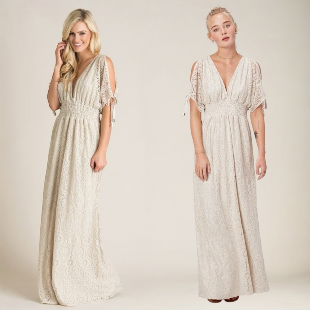 LOVESTITCH Cream Lace V-Neck Cold-Shoulder Smocked Waist Maxi Dress Size S/M